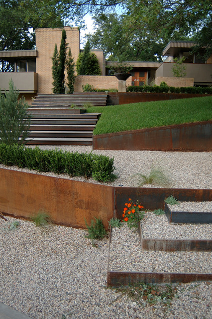 A mix of steel on a sloping garden