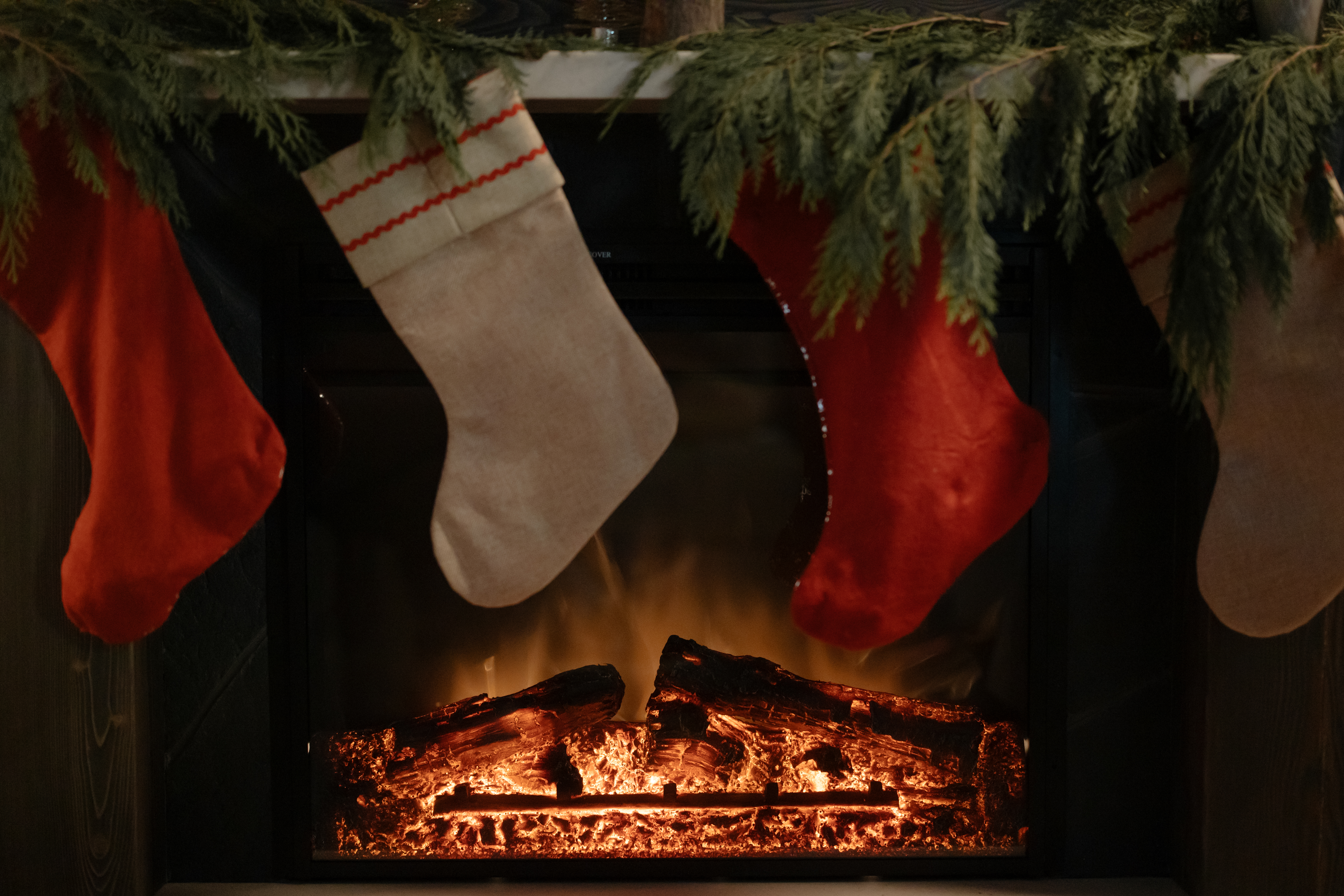Indoor fireplace with stockings
