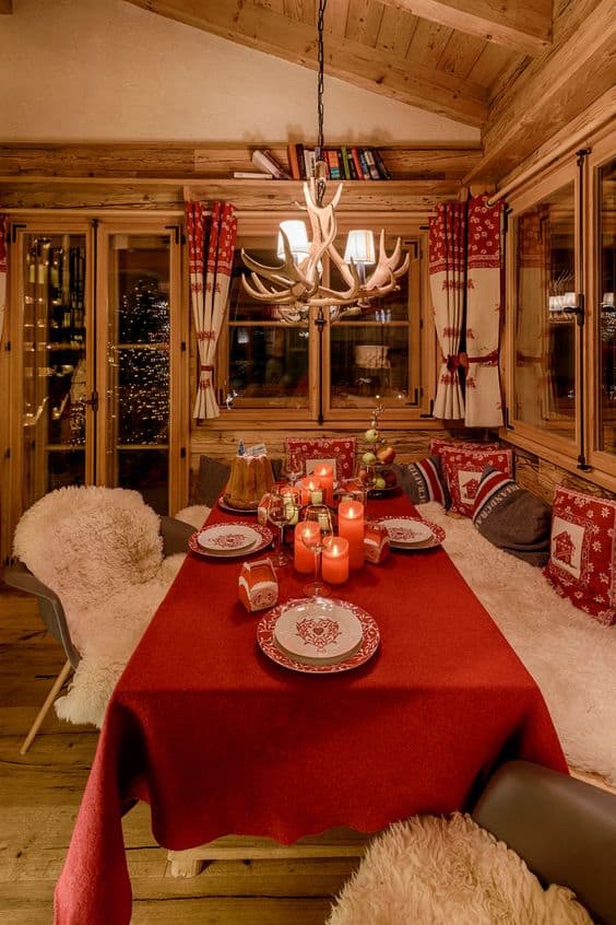 Cabin dining area set for Christmas