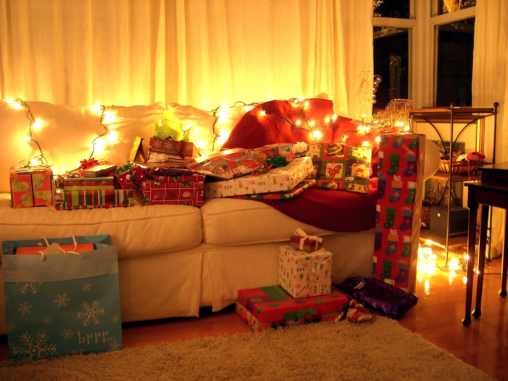 A couch full of Christmas presents