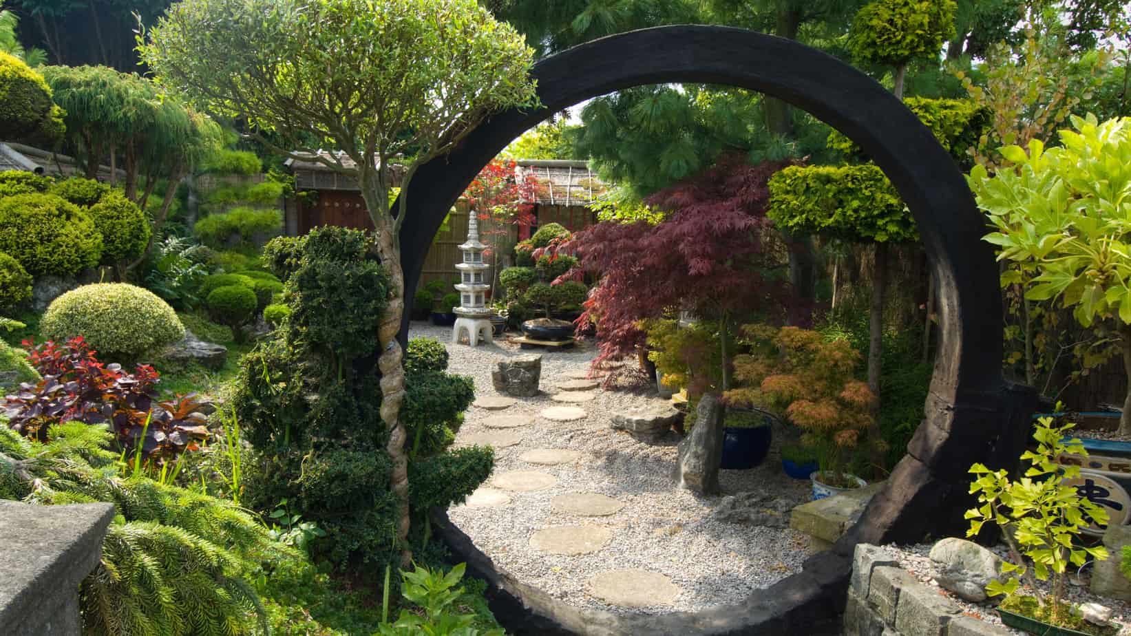 Japanese style garden with moon gate
