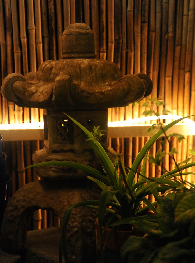 Japanese pagoda lantern with LED-lit bamboo screening