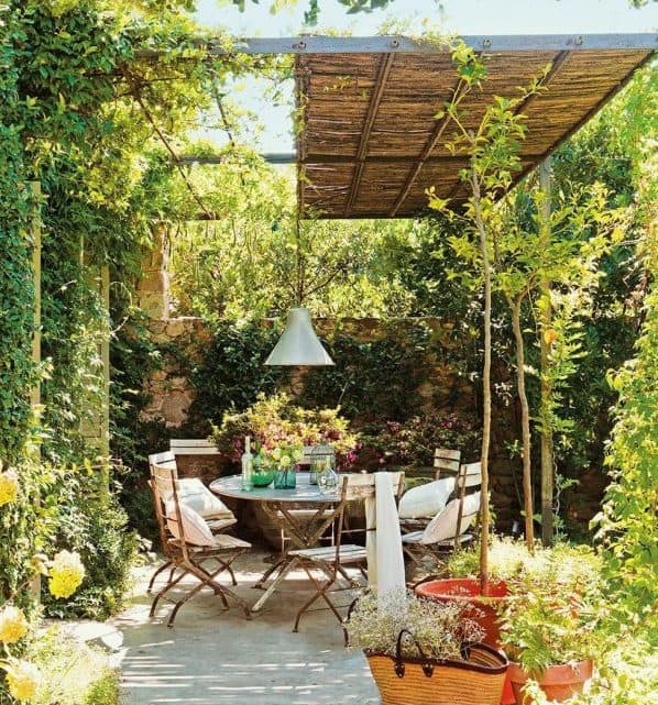 Patio dining with a half-covered pergola