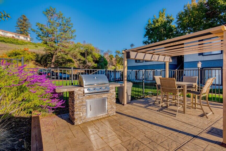 Patio grilling and pergola-covered dining area