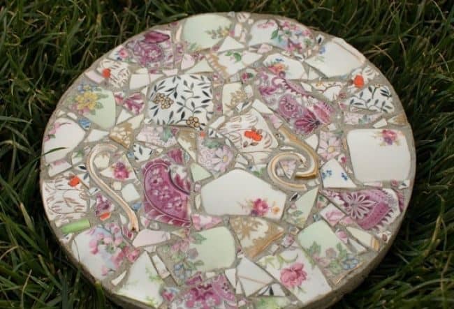 Mosaic stepping stones made from broken plates