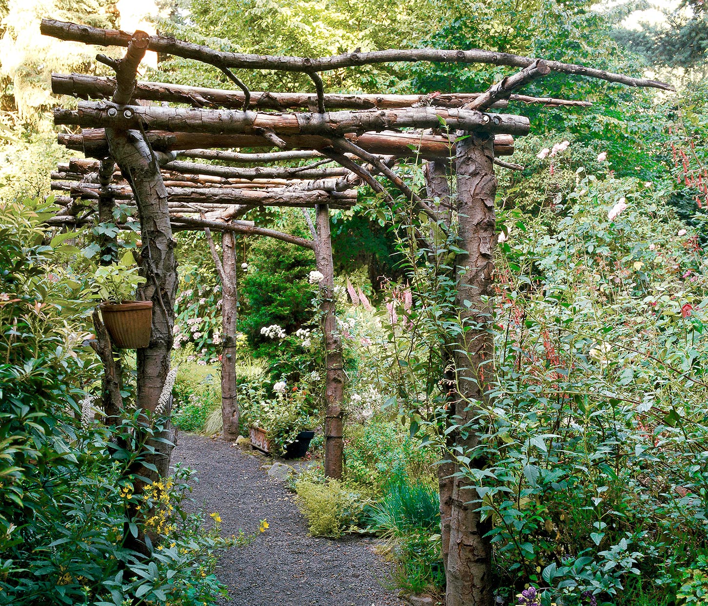Rustic log garden arbour