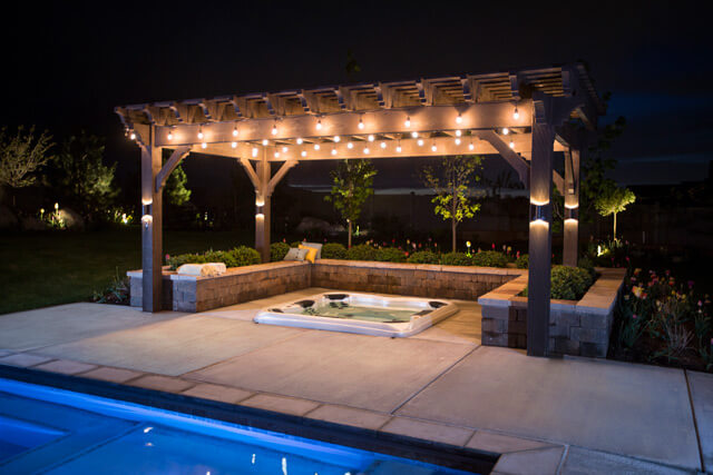 Outdoor hot tub covered retreat with arbour
