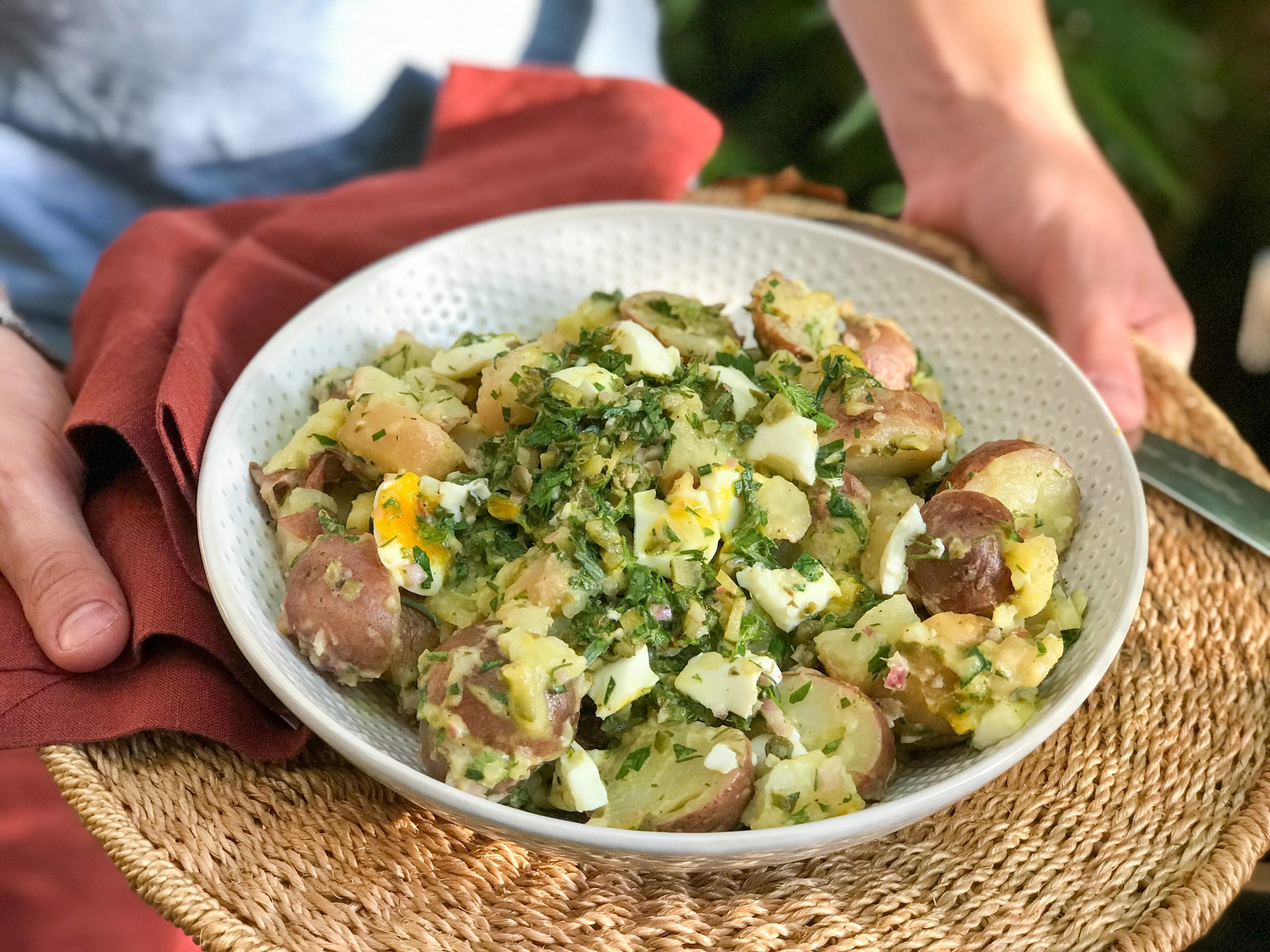 Potato salad with shallots, cornichons, capers and soft-boiled eggs
