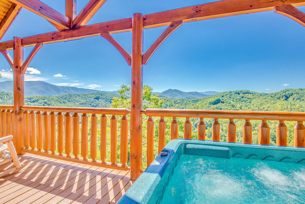 Cabin outdoor hot tub with mountain views