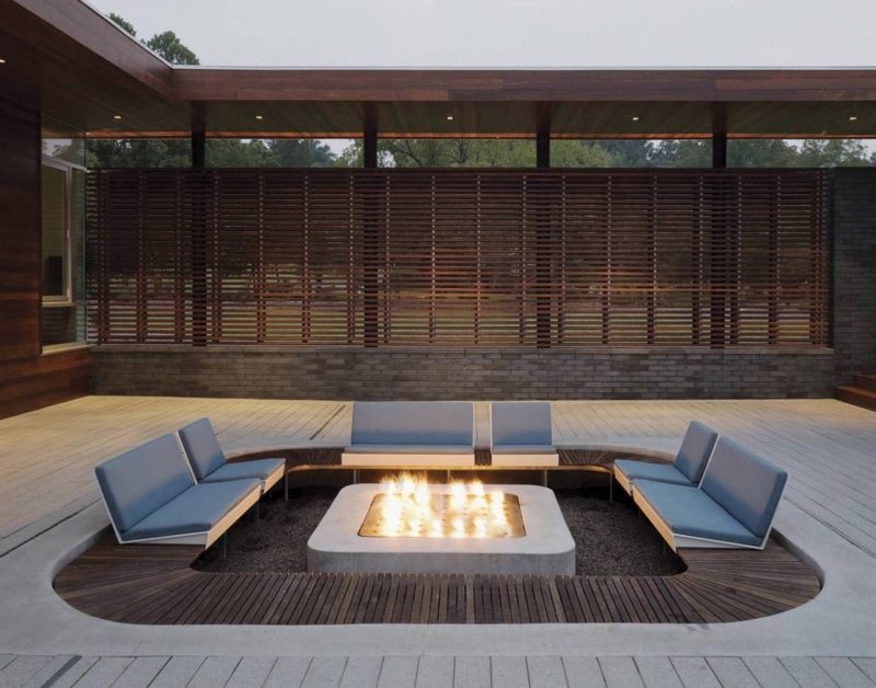 Patio with sunken seating area and fire pit