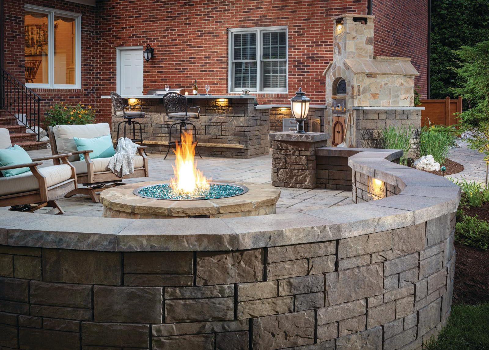 Built-in fire pit made of stones