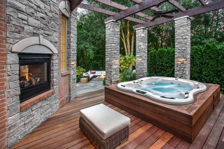 Outdoor hot tub and spa on a patio