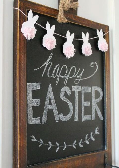 Chalkboard sign and bunny garland Easter display