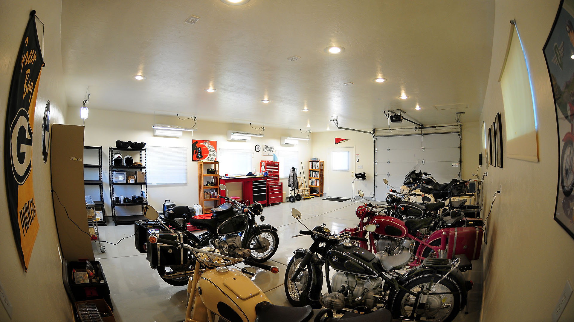 Garage man cave conversion with motorcycle display