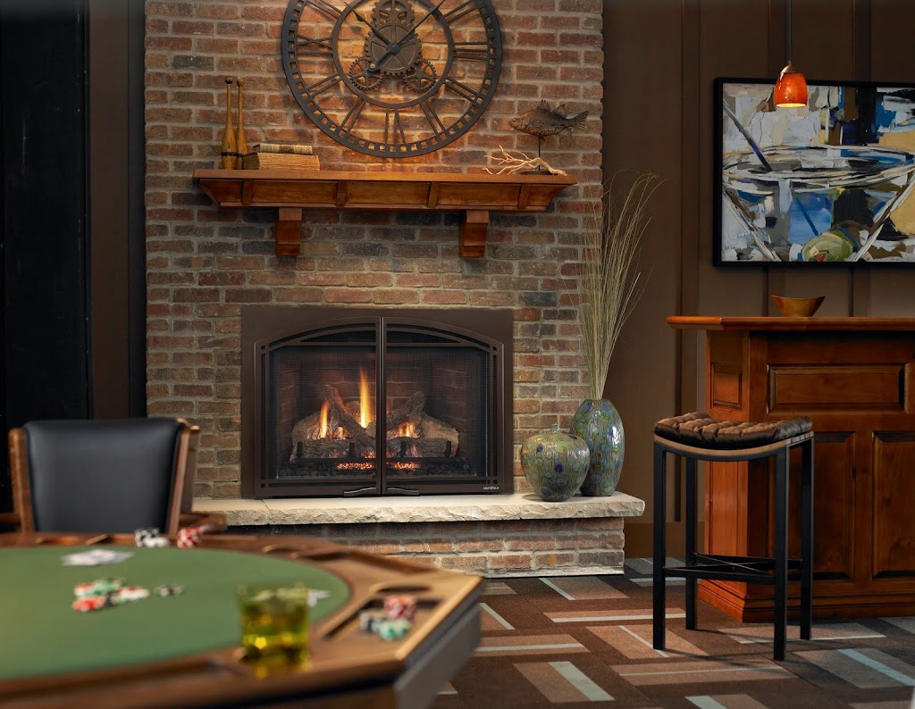 Man cave with a fireplace