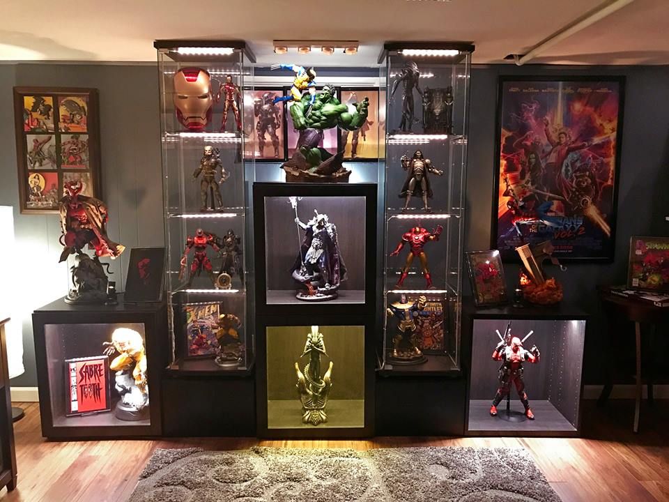 Artwork, posters, and collectables man cave setup