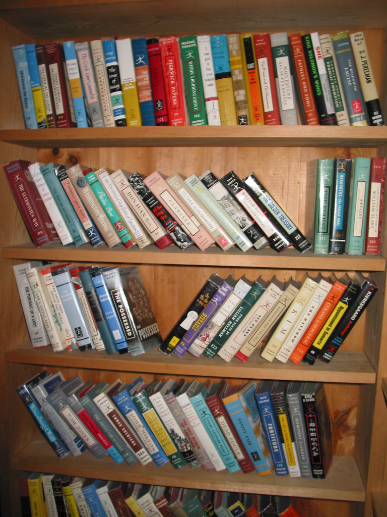 Wooden shelf filled with various books