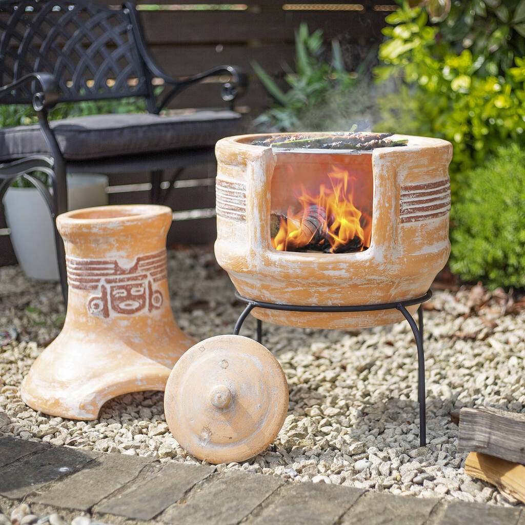 Two-piece chiminea with grilling grates