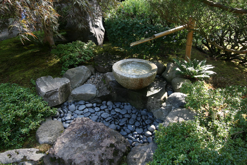 Bamboo and rock water feature at the Japanese Garden in Portland