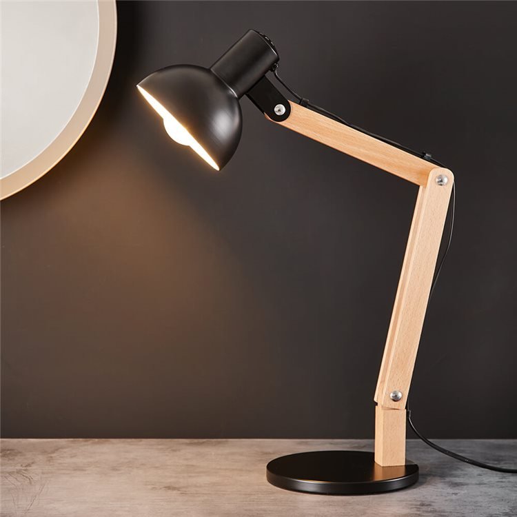 Black Desk Lamp with Wooden Swing Arm