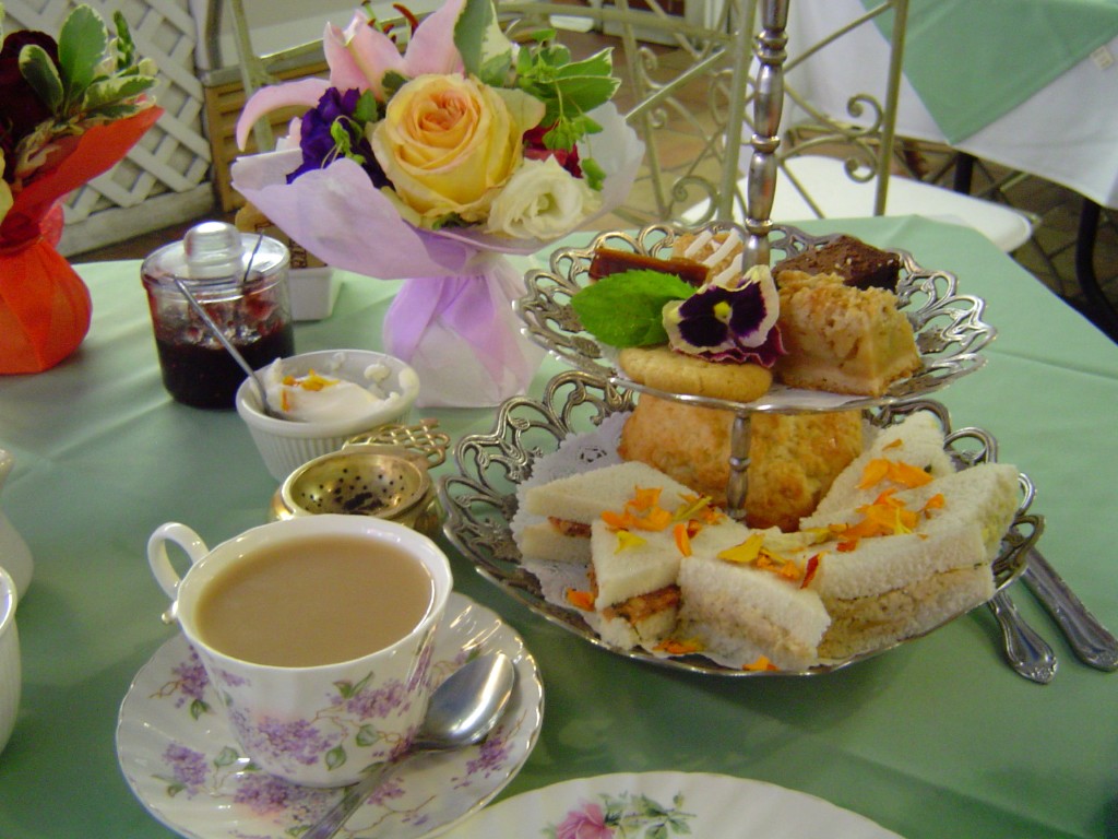Afternoon tea table setup at Tea Rose Garden