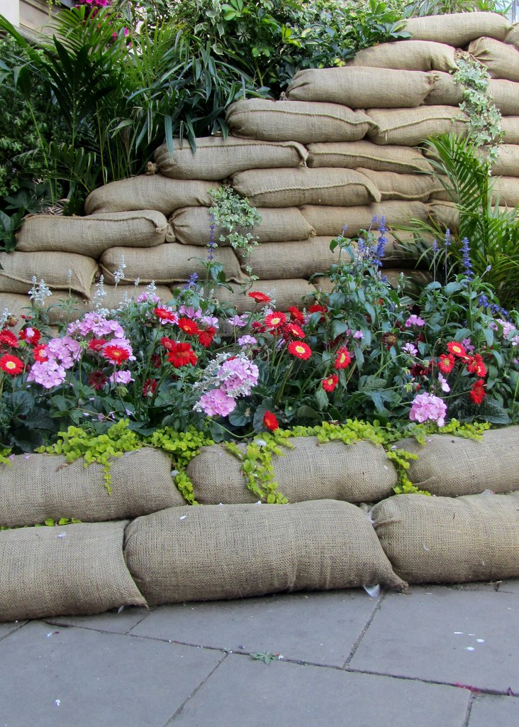Sack raised beds with floral display