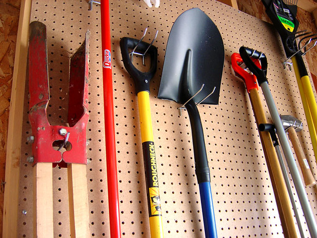 Garden tools on pegboards