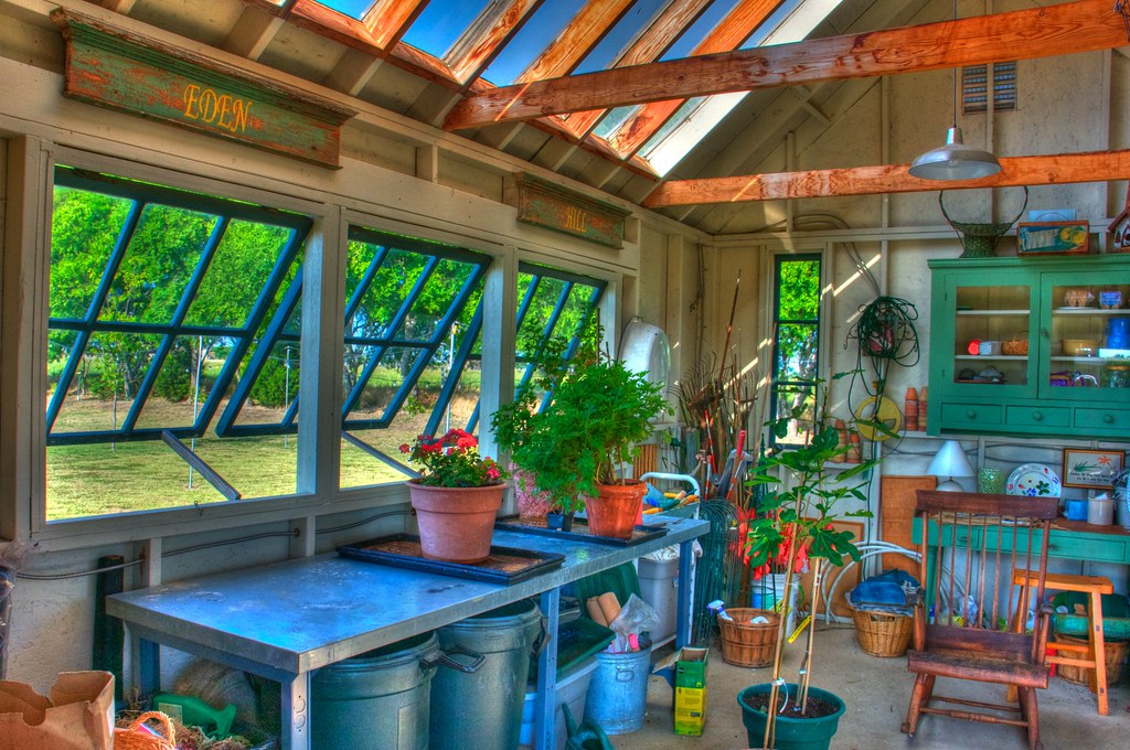 Potting shed interiors with big windows