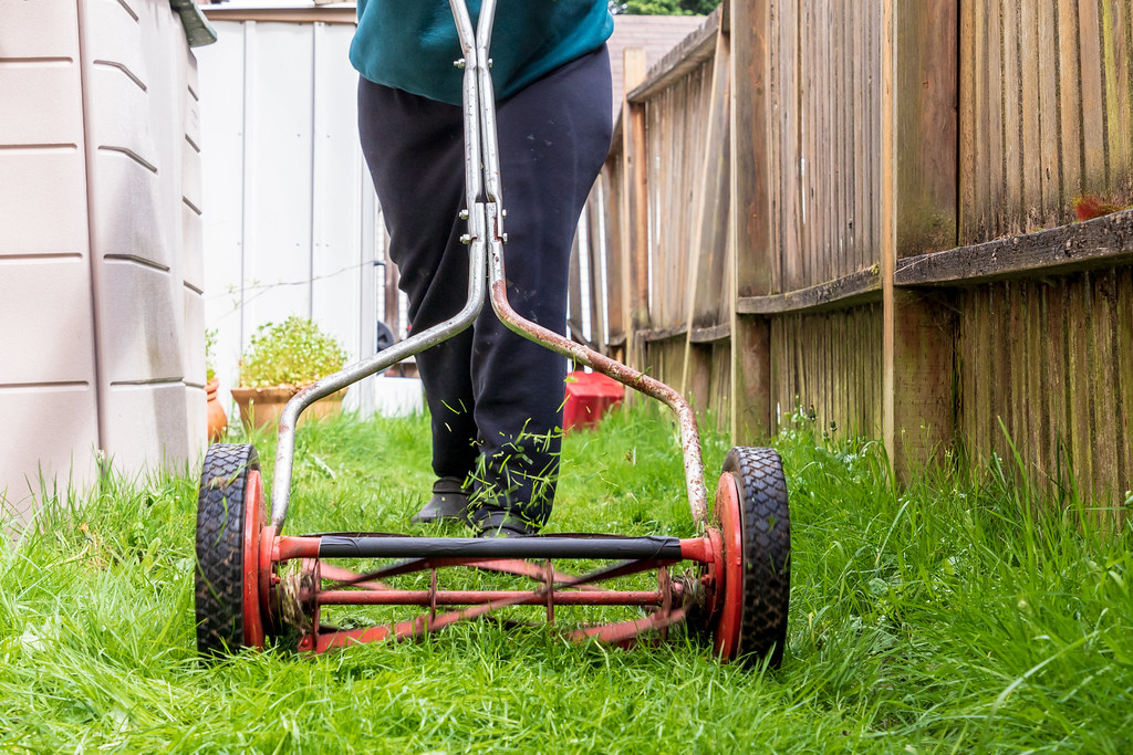 Person mowing grass with hand powered lawn mower