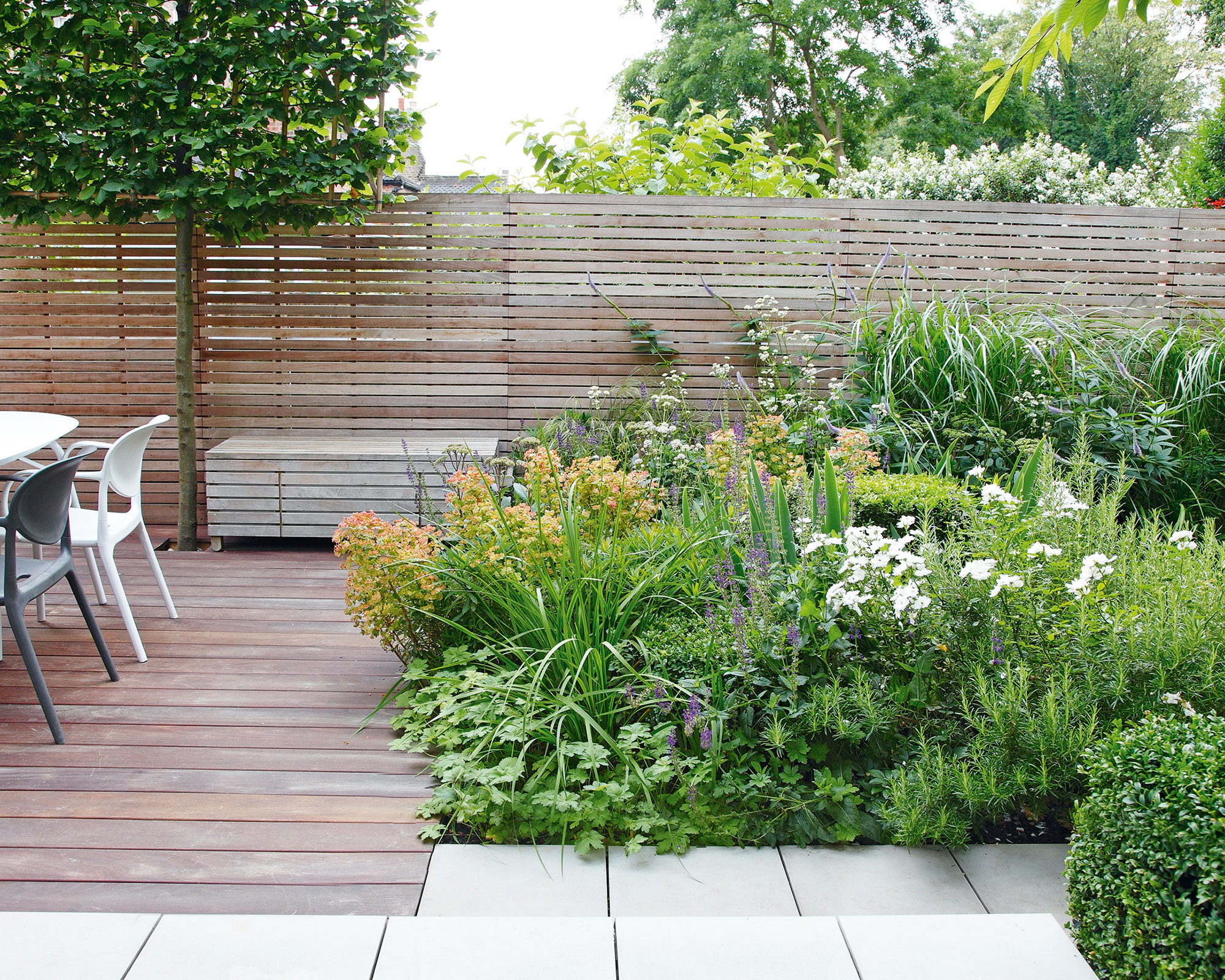 Small decking edged with greenery