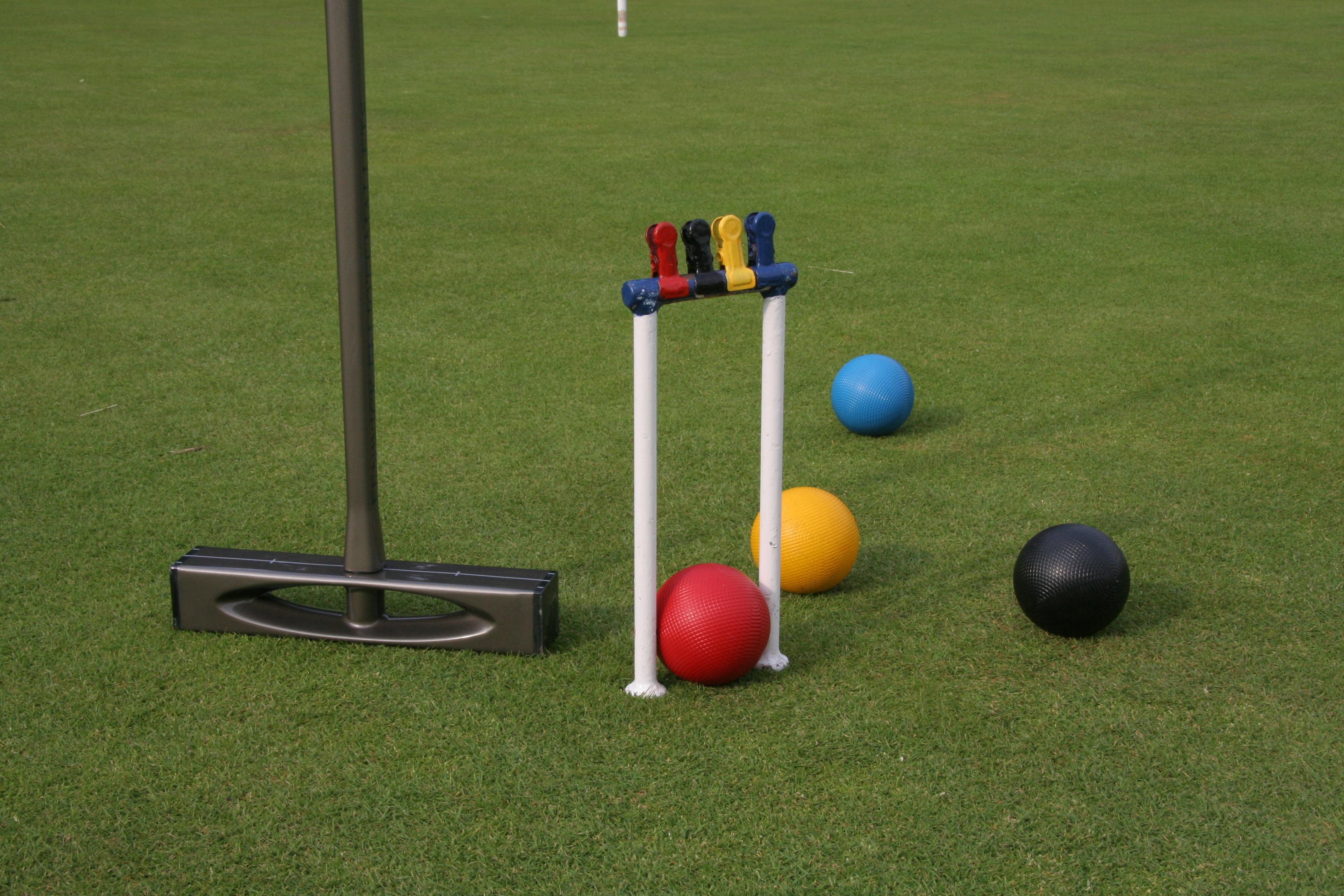 Modern croquet equipment on lawn