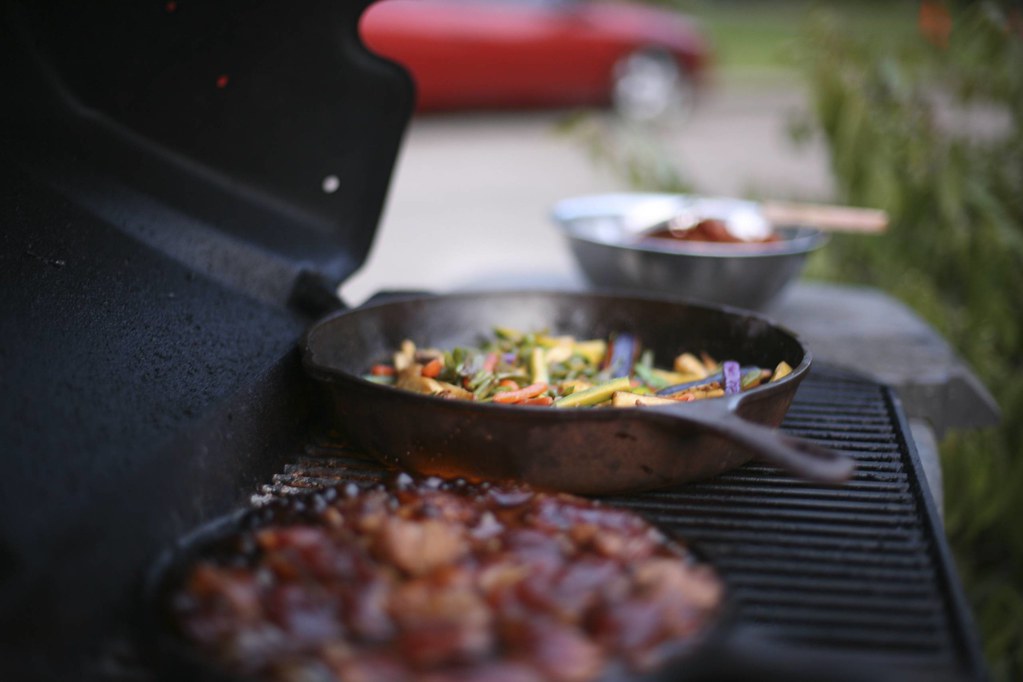 Cast iron pans on the grill