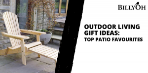 Graphic image with an image of a wooden chair seperated by black text that reads "Outdoor Living Gift Ideas"