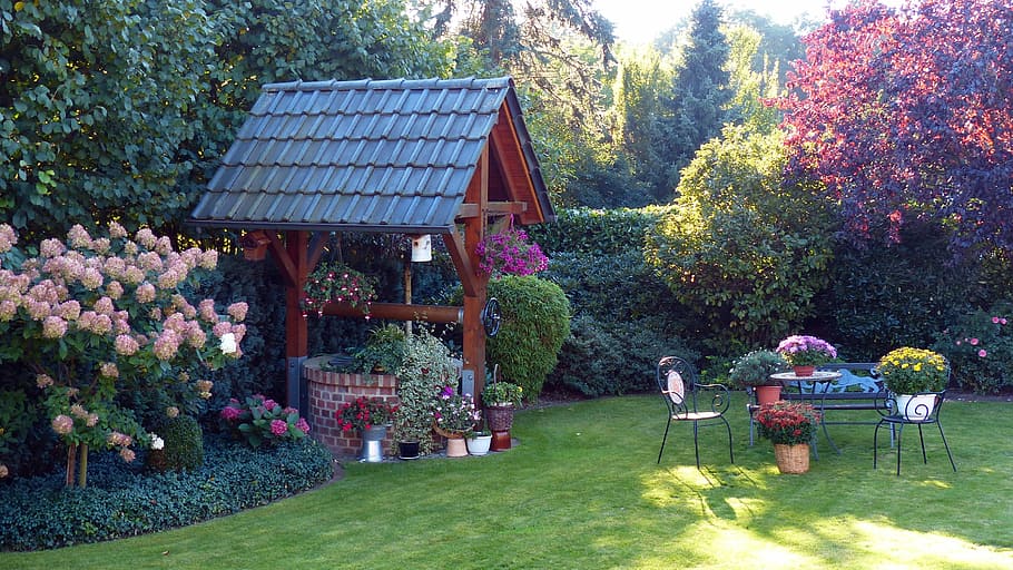 A classic garden setting with a wishing well