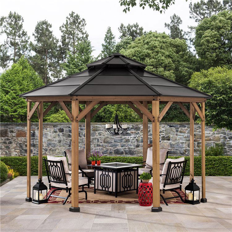 Sunjoy Eggi 4x4m Cedar Framed Octagon Gazebo with Black Steel 2-tier Hardtop Roof