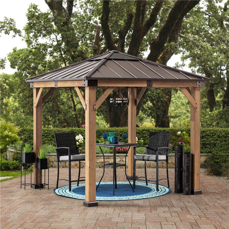 Sunjoy Rapi 3x3m Cedar Framed Gazebo with Brown Steel and Polycarbonate Hip Roof Hardtop