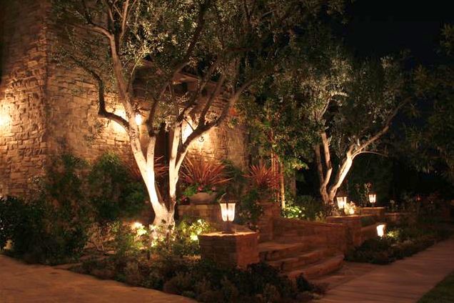 A nighttime garden scene with warm outdoor lighting illuminating trees, stone walls, and steps.