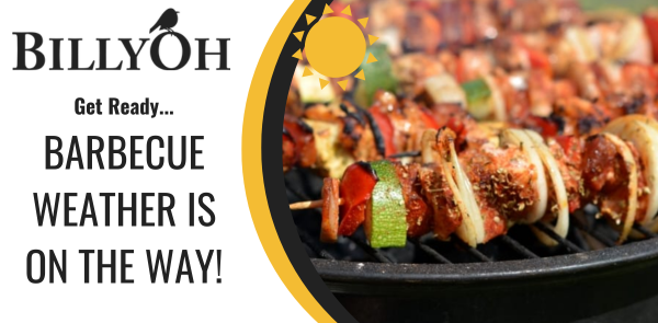 Graphic image with text "Get Ready...Barbecue Weather is on the way!" with Insert of a BBQ with kebabs cooking