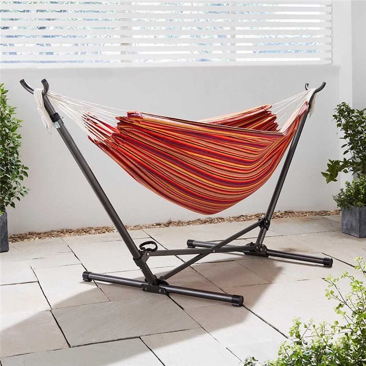 Red Striped Double Hammock with Folding Stand
