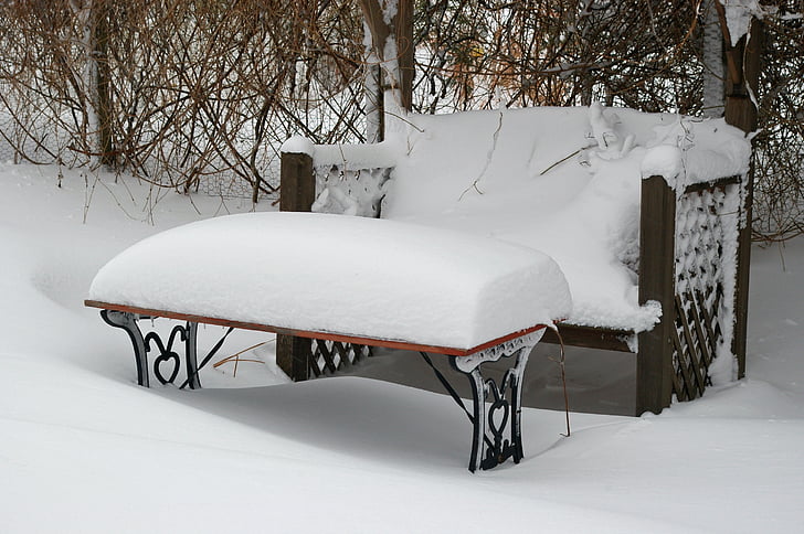 Garden bench covered in snow