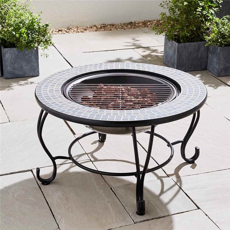 4 in 1 Fire Pit, BBQ Grill, Ice Cooler, & Round Ceramic Table