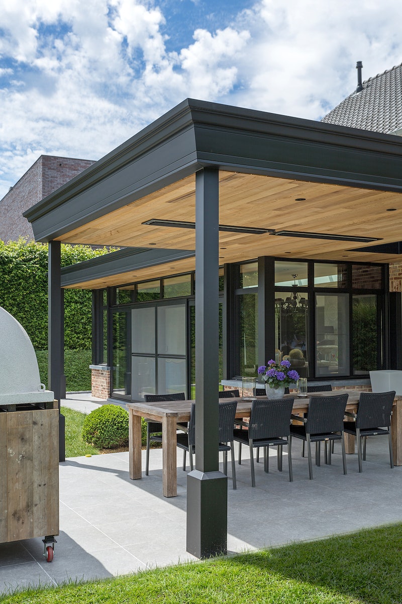 Patio outdoor dining with pergola for added shade