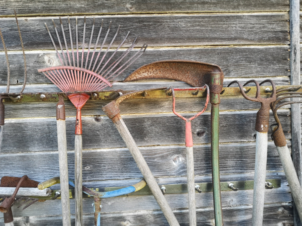 Rusty garden tools on the rack