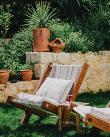 A wooden lounge chair with cushions in a lush garden, surrounded by potted plants and greenery, on a sunny day.