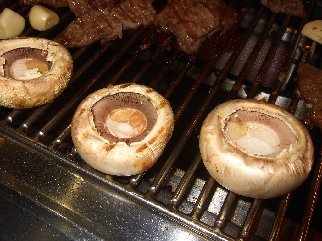 Grilling mushrooms on the BBQ.