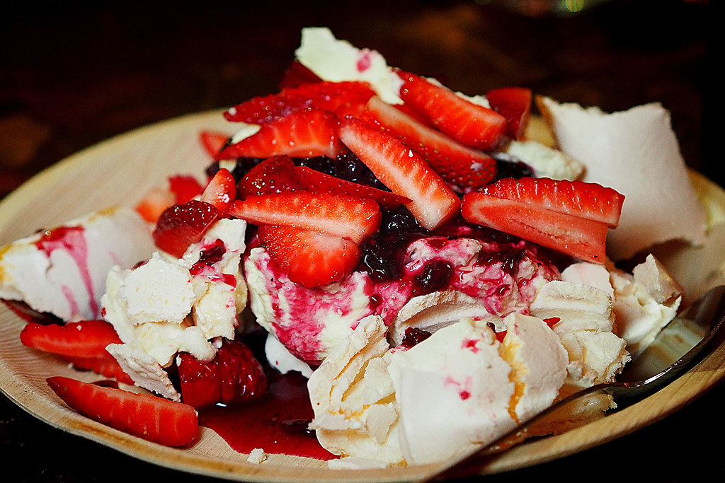 Eton mess served on a paper plate.