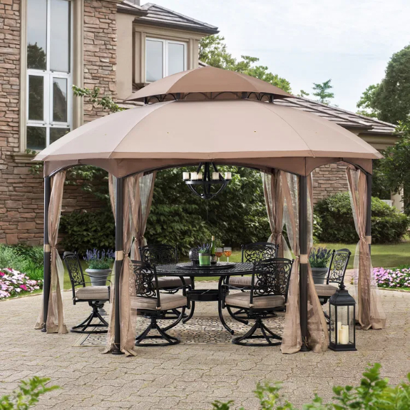 Sunjoy Pindo 4x4m Brown Steel Gazebo with 2-tier Tan and Brown Dome Canopy