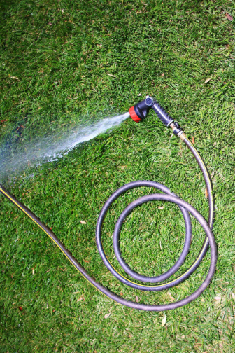 Flowing water from a garden hose pipe.