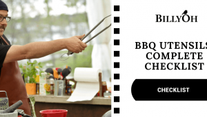 BBQ Utensils Checklist With Grillmaster Holding Tongs